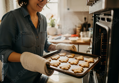 A woman wearing oven mitts removes a tray of freshly baked cookies from the oven, smiling.
