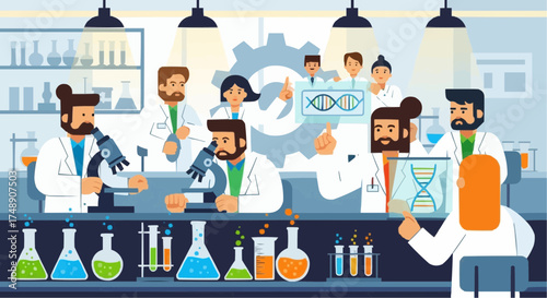 Business team collaborating on startup project in modern office, teamwork and creativity concept illustration