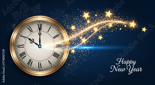 Happy New Year 2026 Midnight Countdown Celebration Background Elegant Gold Clock Ticking Time Luxury Design Template Glowing Stars Comet Trail Dynamic Greeting Card Poster Banner Blue Dark Snowflake B