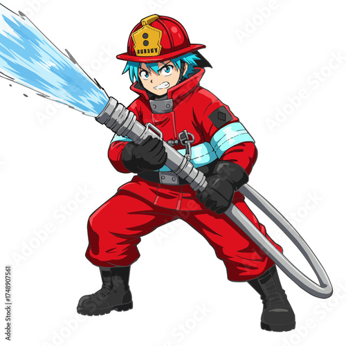 Anime firefighter in red uniform holding hose, heroic emergency responder illustration symbolizing courage
