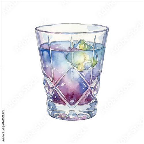 Watercolor Crystal Cut Glass Cocktail with Ice and Purple Drink on White Background
