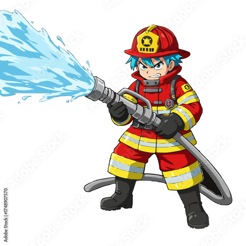 Firefighter spraying water with powerful hose, brave emergency worker in action scene illustration