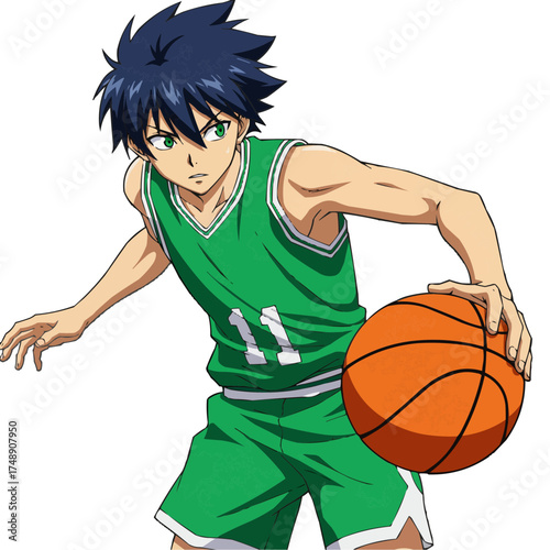Anime basketball player in green jersey holding ball confidently, sports illustration showing energy and determination