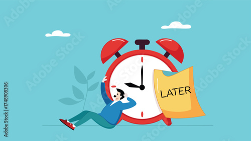 Procrastination or wasting work time with businessman sleeping leaning on an alarm clock with the word later written on paper sticky notes, delaying work or wasting time, laziness to do a task or job
