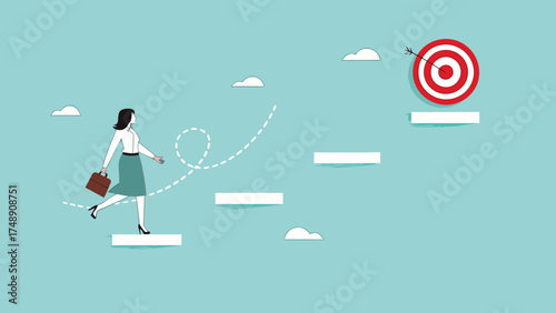 progress toward success or career success, journey to achieve target or business goal, personal development goal for work, way to achieve goal, businesswoman climbs the stairs towards her life's goals