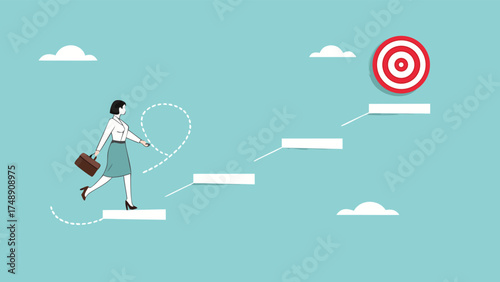 progress toward success or career success, journey to achieve target or business goal, personal development goal for work, way to achieve goal, businesswoman climbs the stairs towards her life's goals