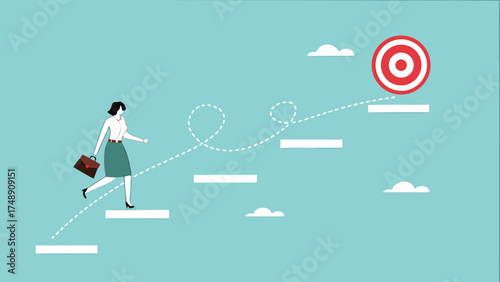 progress toward success or career success, journey to achieve target or business goal, personal development goal for work, way to achieve goal, businesswoman climbs the stairs towards her life's goals