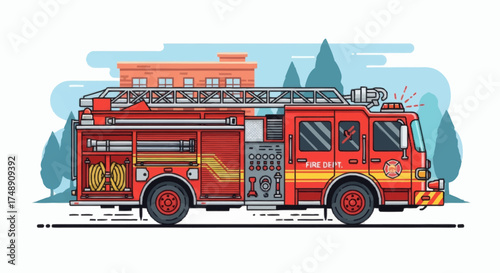 A detailed vector illustration of a red fire engine truck parked in front of a building.