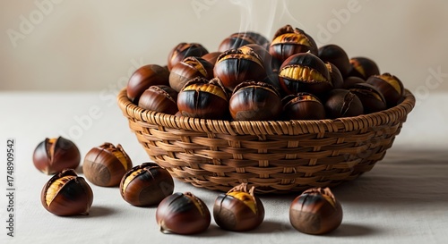 Roasted Chestnuts in Wicker Basket on White Surface.