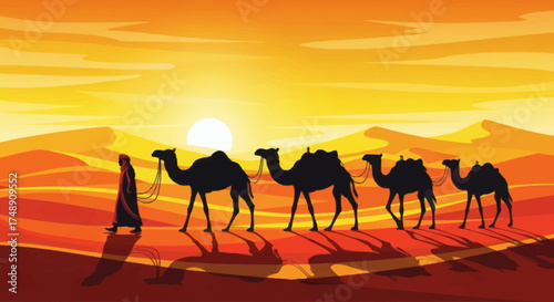 Silhouette of a camel caravan with a guide walking across vast desert sand dunes at sunset.