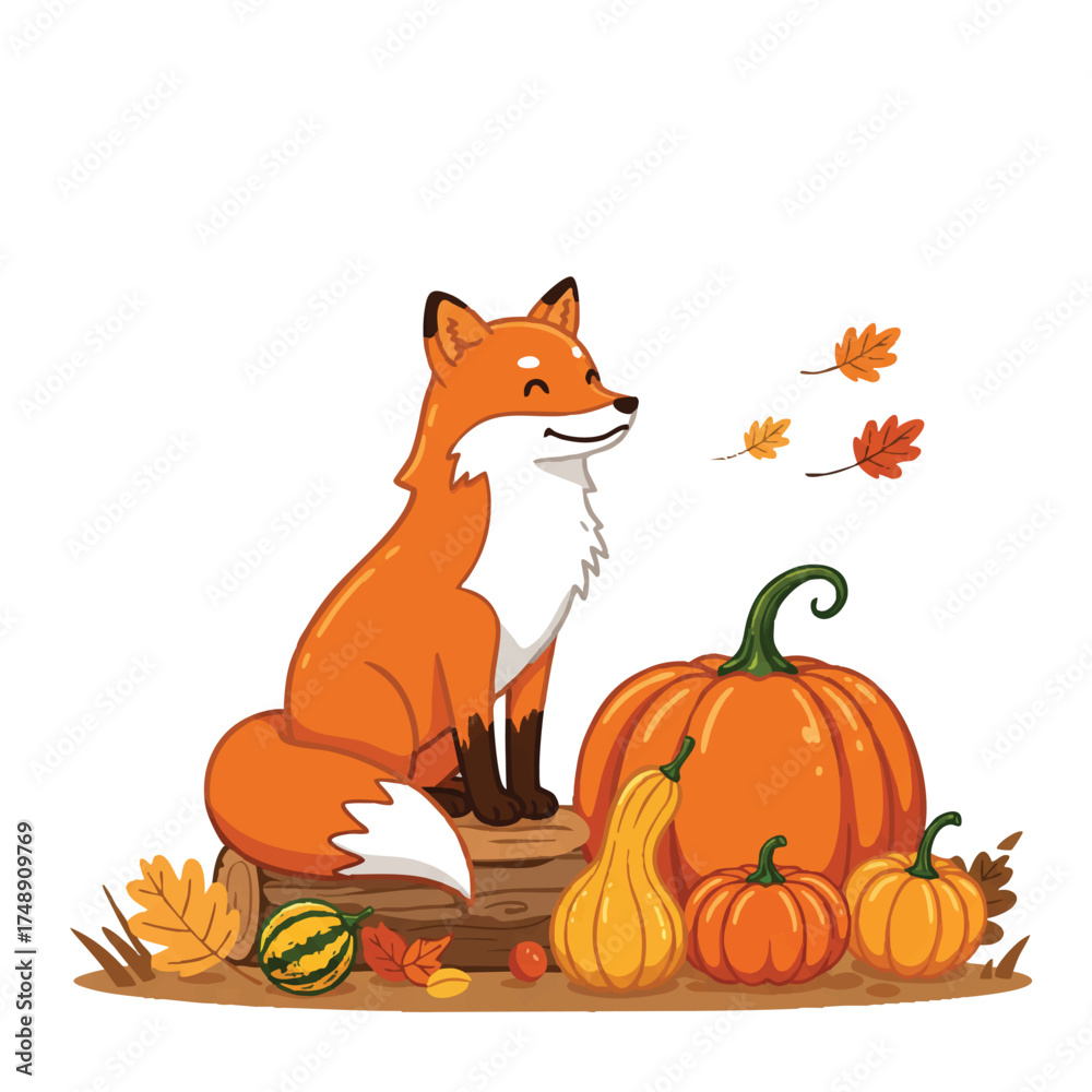 Fototapeta premium Cute flat 2D vector of a peaceful red fox sitting on a wooden log next to a vibrant orange pumpkin and colorful gourds, celebrating a gentle autumn season on a clean white background.
