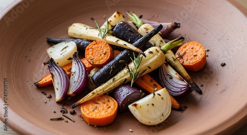 Roasted Root Vegetables with Herbs in a Rustic Bowl.