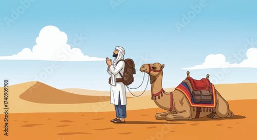 A man in a turban praying in the desert next to his resting dromedary camel under a blue sky.