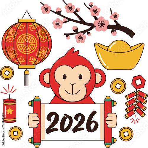 Chinese New Year 2026 celebration elements, featuring a cute monkey holding a scroll, lantern, firecrackers, cherry blossoms, and gold ingots.