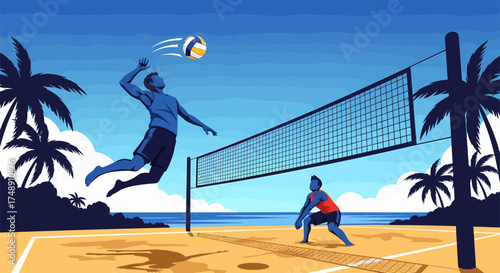 Beach Volleyball Action Player Spiking the Ball Over the Net 1.