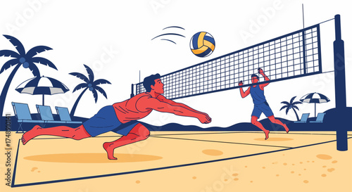 Beach Volleyball Action Players Diving and Spiking.
