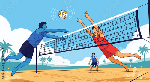 Beach Volleyball Action Players Spiking and Blocking Near the Net.