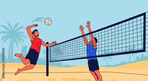 Beach Volleyball Action Players Spiking and Blocking.