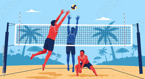 Beach Volleyball Action Players Spiking Blocking and Digging.