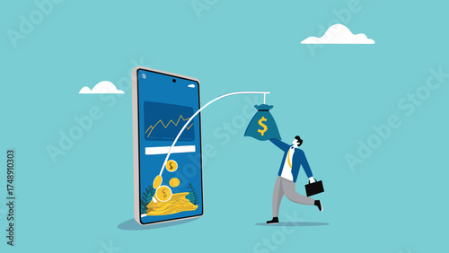 phone scam with fraud investment offers, social media crime with theft of personal data, happy man who is tempted by fake investment offers that are detrimental and threaten personal data

