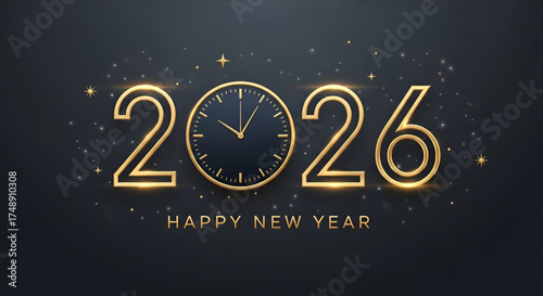 Happy New Year 2026 Midnight Countdown Celebration Background Elegant Gold Numbers Luxury Design Template Shiny Golden Clock Ticking Time Modern Greeting Card Poster Banner Minimalist Dark Gray Backdr