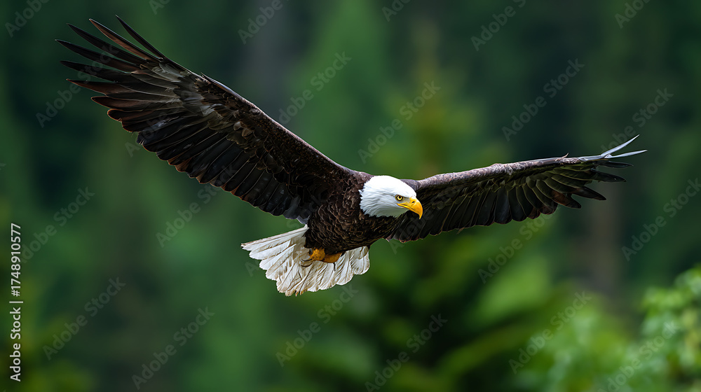 Naklejka premium A majestic bald eagle soars above a lush green forest, wings spread wide focused gaze amid sunlight