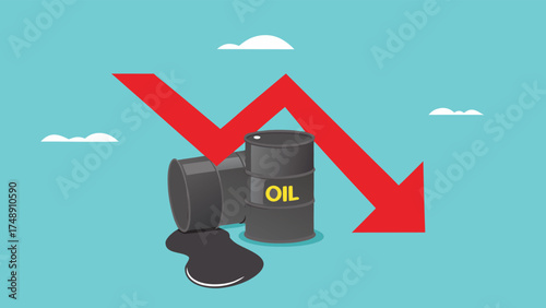 falling oil prices, risk of loss in crude oil stocks due to price crisis, Oil prices sharpen losses, pile of spilled crude oil barrels with falling graph

