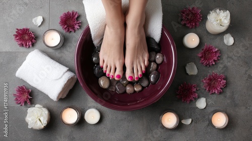 woman's feet in a naive style, with pink nail polish