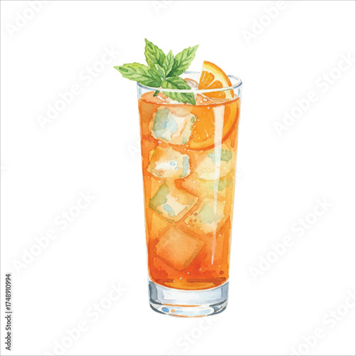 Watercolor Highball Glass Iced Tea Cocktail with Mint on White Background
