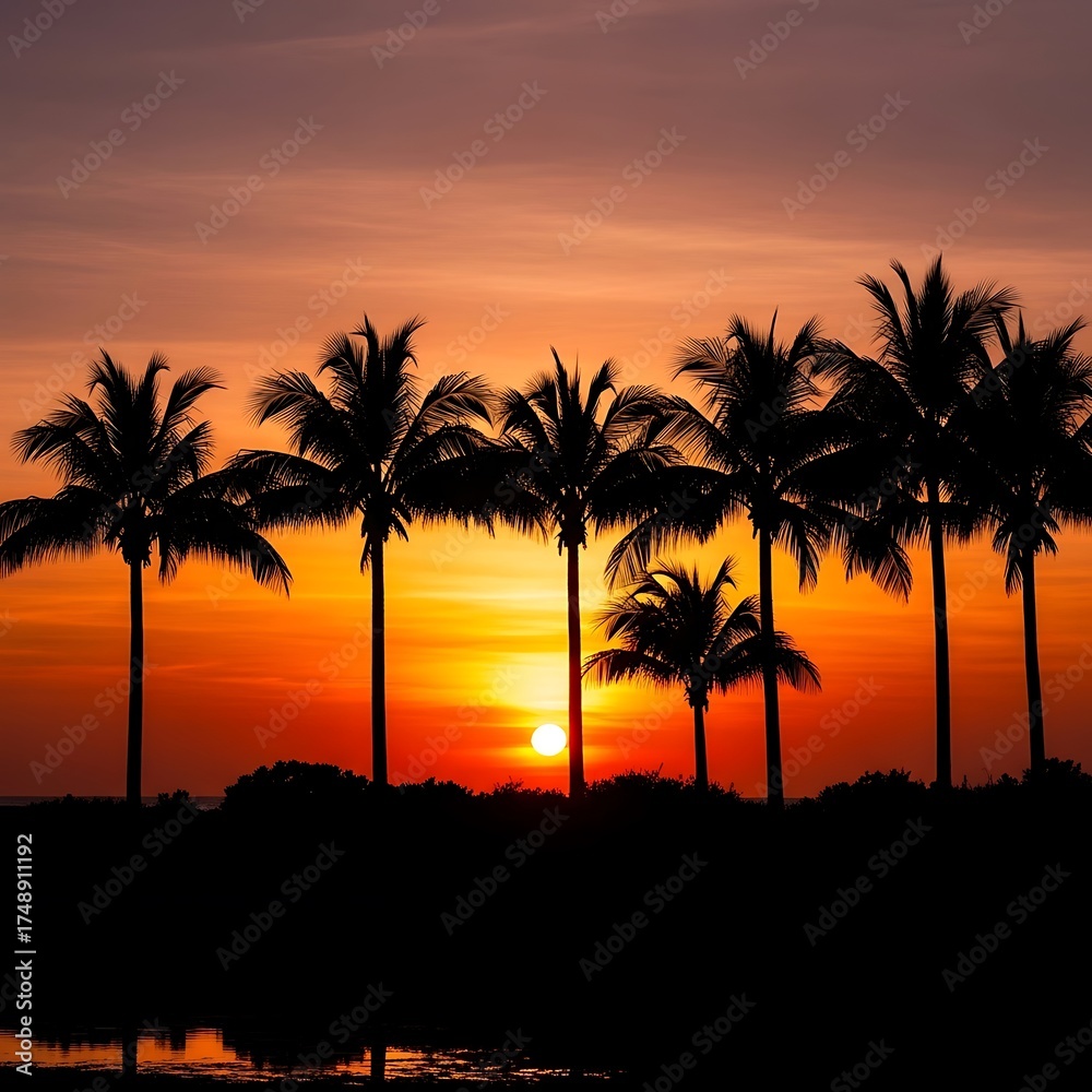 Obraz premium Tropical Sunset Silhouette - Palm Trees Against a Vibrant Sky.