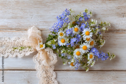 Spring bouquet with daisies, forget-me-nots, and wild flowers 