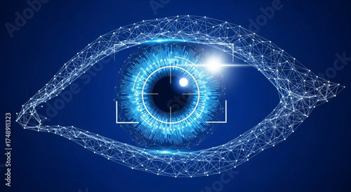 World Sight Day Eye Biometrics	Futuristic concept of biometric scanning and digital surveillance featuring a glowing blue cyber eye with a plexus network and targeting reticle