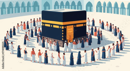 A minimalist illustration of Muslim pilgrims circumambulating the Kaaba in Mecca during the Hajj or Umrah pilgrimage.