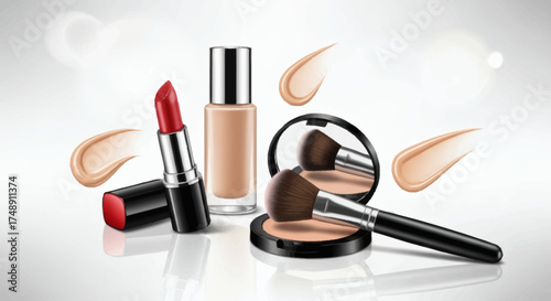 A collection of makeup products including red lipstick, liquid foundation, and face powder with a brush on a reflective surface.