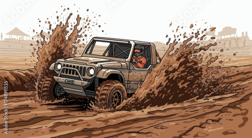 Dynamic illustration of a rugged off-road vehicle creating a massive splash while driving through deep mud.