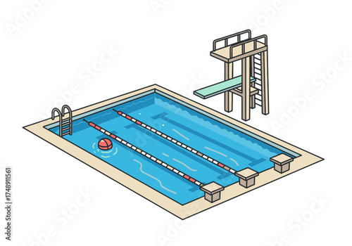 Competitive Swimming Pool with Lane Dividers, Diving Platform, Starting Blocks, and Ladder