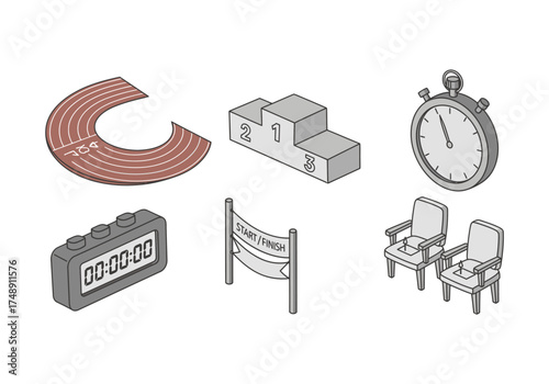 Track and Field Event Icons Set with Running Track, Stopwatch, Podium, and Start/Finish Banner