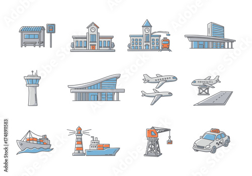 Transportation and Infrastructure Icons Set with Airport, Train Station, Harbor, and Taxi