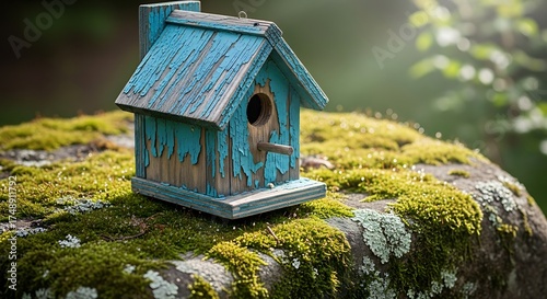 Rustic blue wooden birdhouse on a mossy rock in a sunlit forest.