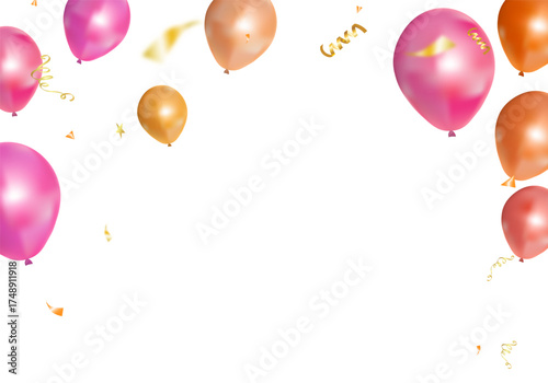 Celebrate in style with elegant pink and gold balloons, accented with sparkling gold confetti — the perfect festive touch in a stunning Vector illustration!