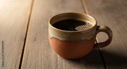 Rustic Coffee Mug on Wooden Table with Warm Light.
