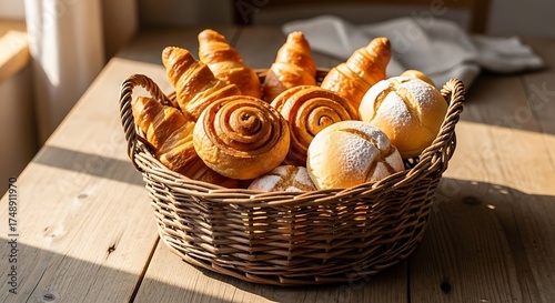 Rustic wicker basket filled with fresh croissants and cinnamon rolls on a wooden table in the morning sunlight.