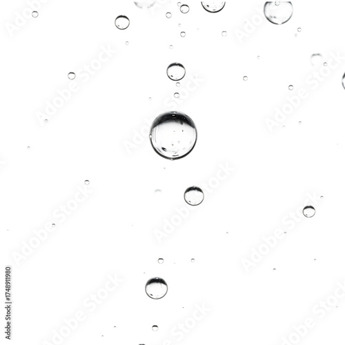 A minimalist macro view of clear air bubbles floating in a transparent serum or gel, isolated on a clean white background for a scientific or cosmetic concept