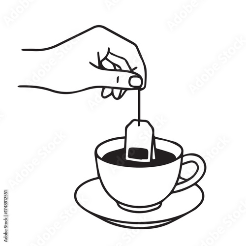 Vector illustration of a tea bag inside a cup of tea, designed in simple black and white with clean black outline detailing.