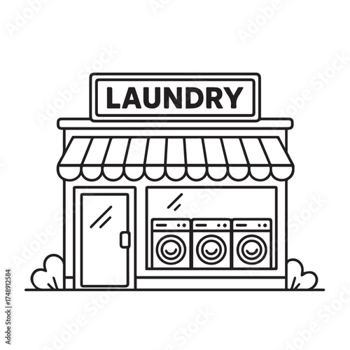 Vector minimalist icon of a laundry shop building, designed in simple black and white style with clean black outlines for modern commercial illustration.