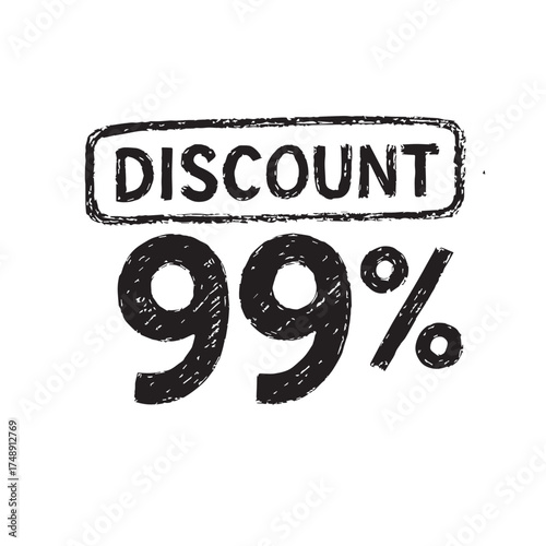 Minimalist vector artwork showing “Discount 99%” promotion text written in chalk style on whiteboard surface, designed using simple black and white outlines.