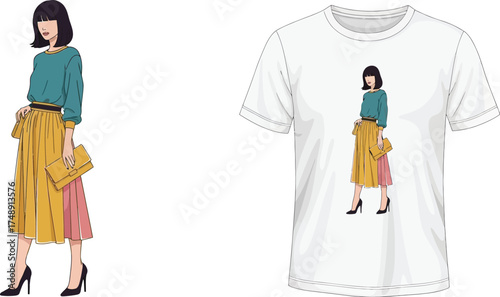 Woman in teal top and yellow skirt design on a white t shirt apparel product mockup presentation view