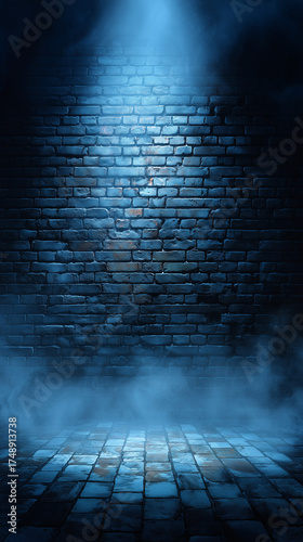 Dark Blue Brick Wall Illuminated by Glowing smokey Light, Black brick wall, vibrant blue neon glow Night urban texture , backdrop, industrial