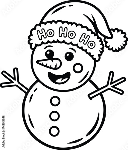 Happy Snowman with Santa Hat - Ho Ho Ho Christmas Outline Illustration