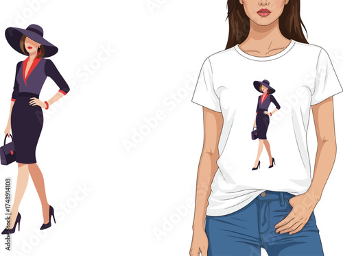 Woman wearing t shirt with an image of a woman in a hat and dress next to the original image